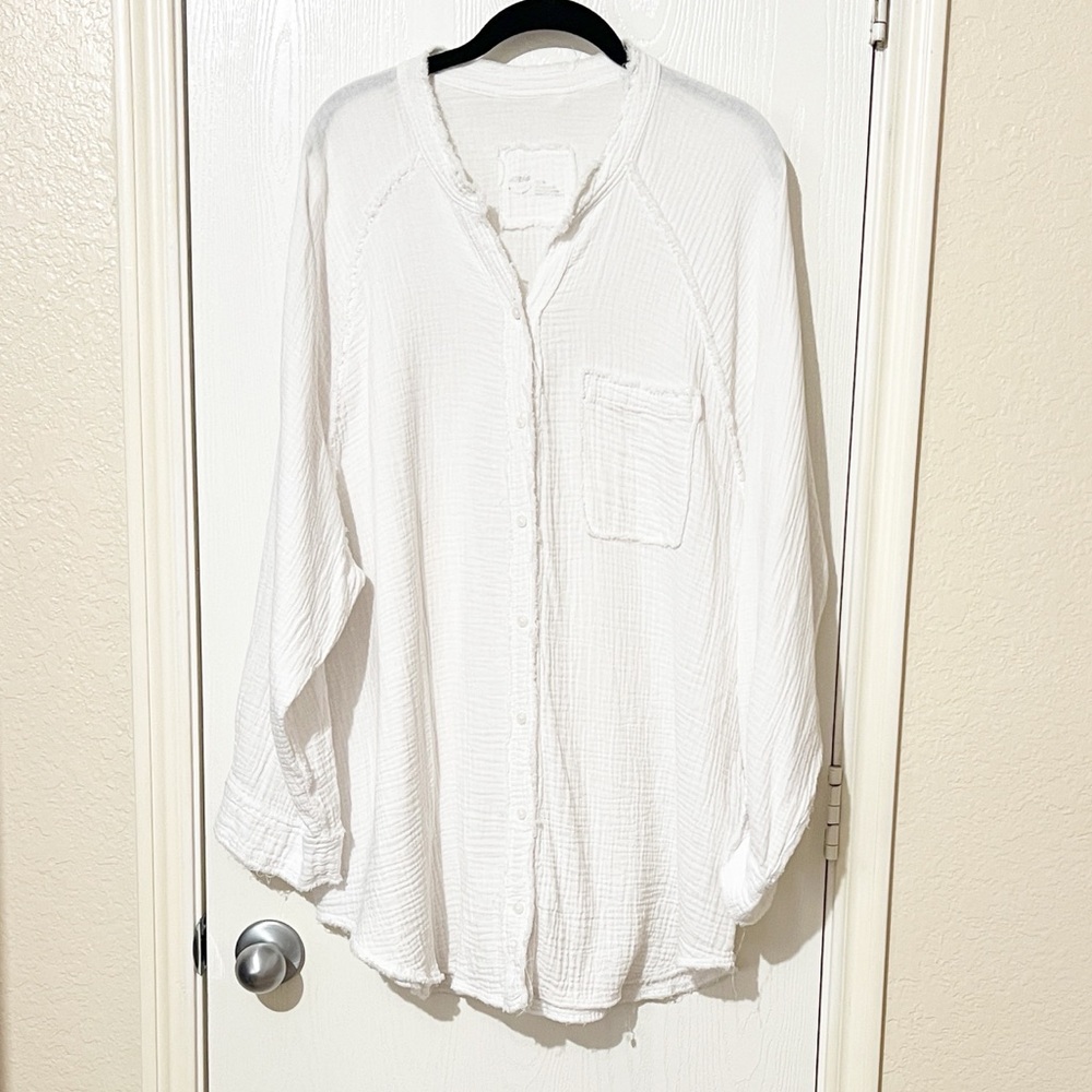 Aerie White Gauzy Textured Button Down Shirt Drip Shoulder Slouchy XL